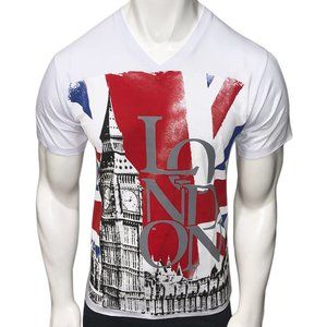 NWT EXCHANGE LONDON BIG BEN UK MEN'S WHITE V-NECK SHORT SLEEVE T-SHIRT SIZE S
